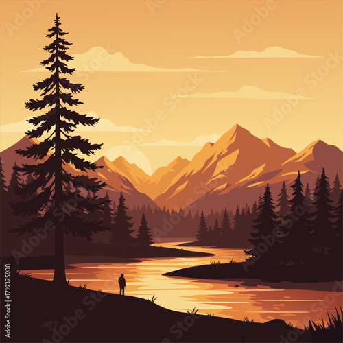 Sunset Mountain River Landscape A Serene Nature Scene