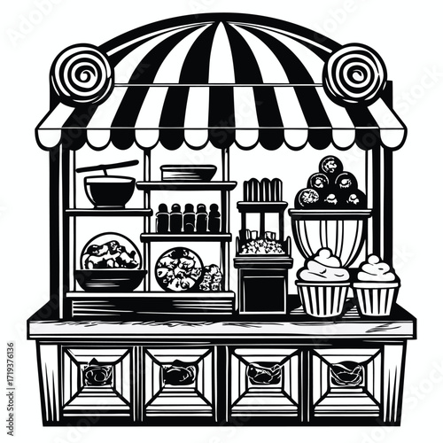 Elaborate black and white concession stand displays various treats beneath a striped awning