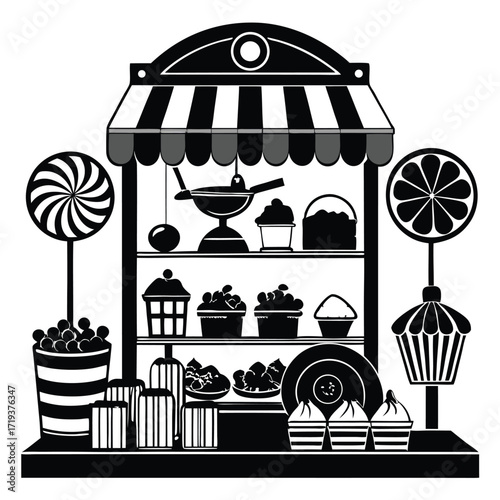 Black and white candy store display showcases various sweets beneath a striped awning