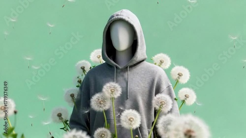 An anonymous faceless figure in a hoodie stands among dandelions as seeds fly away. A surreal, conceptual metaphor for youth, change, and letting go.
