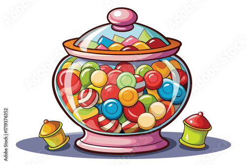 Cartoon candy jar filled with colorful gum balls and a closed top sits nicely
