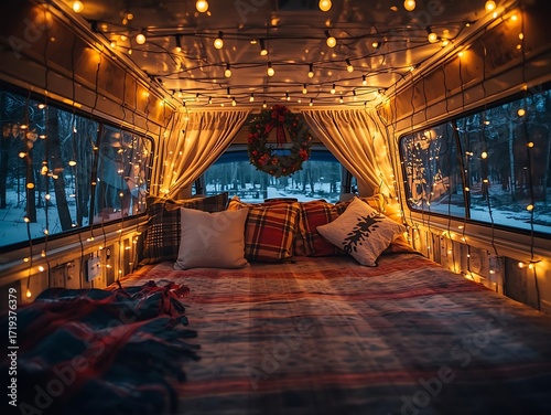 Cozy winter camper van interior decorated with warm lights and festive wreath