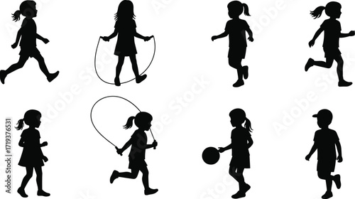 Silhouette vector illustration of children playing outdoors, skipping rope, running, walking, exercising, holding ball, active lifestyle, fun, fitness, health.