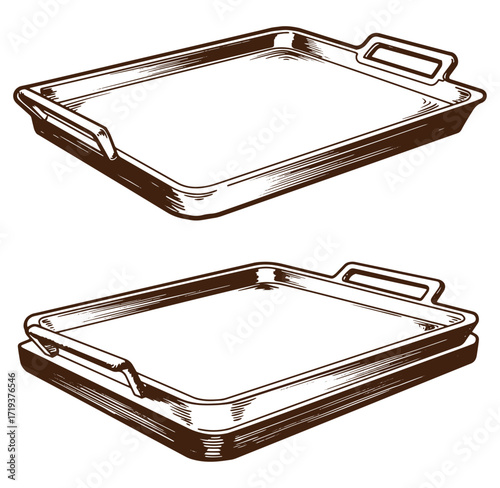 Detailed hand drawn illustration of two empty rectangular serving trays for various uses