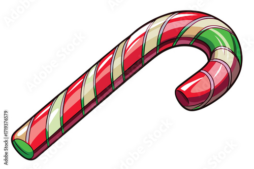 A curved candy cane features red, green, white and tan stripes with a thick outline
