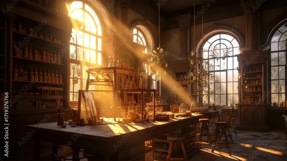 Magic laboratory with objects and experiments with huge windows Stock ...