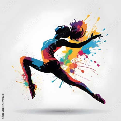 Colorful vector illustration of a young woman silhouette dancer in action jumping against a grunge background, showcasing art and dance design