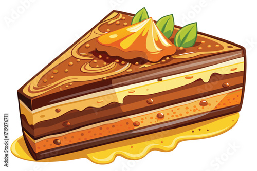 Delicious slice showing layers of caramel cake with toppings and green leaves