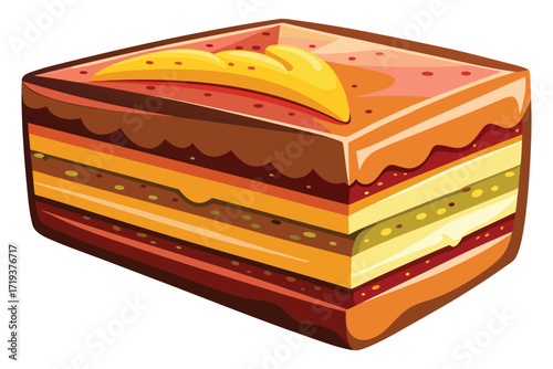 Layered cake with yellow topping rests, showing each level with distinct ingredients