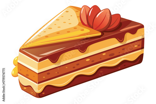 Delicious slice of cake boasts chocolate ganache and strawberry topping in a delightful treat