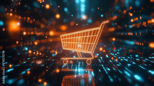 Glowing Digital Shopping Cart on Futuristic Grid