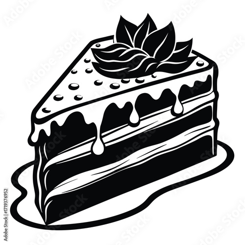 Black and white slice shows layers, frosting, sprinkles, leaves on a plate