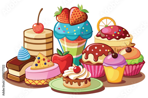 Cartoon assortment of desserts shows colorful cakes, cupcakes and pastries with different toppings and fillings
