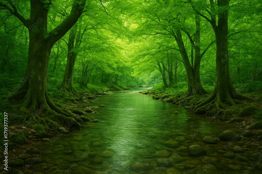 Naklejka premium Serene Nature Landscape with Crystal Clear River