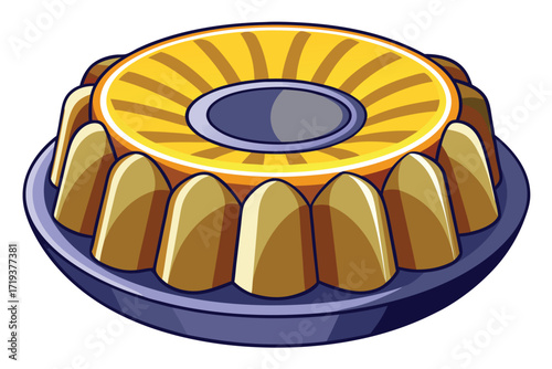 Pineapple upside down cake sits on a blue plate with detailed design