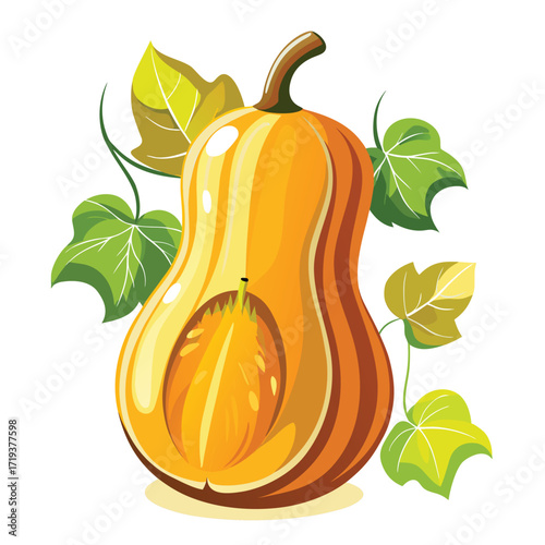 Sliced butternut squash shows seed cavity detail amidst foliage and bright shades