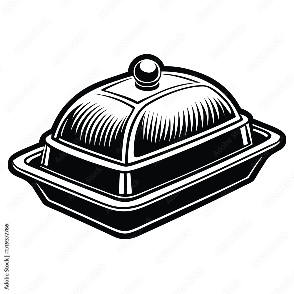Fototapeta premium Monochrome art depicts a covered oblong dish elegantly with intricate, engraved details