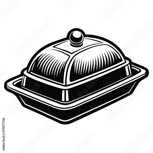 Monochrome art depicts a covered oblong dish elegantly with intricate, engraved details