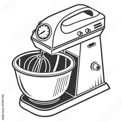 Isolated monochrome stand mixer with whisk and bowl prepares dough for baking