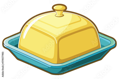 Cartoon butter dish with dome lid sits in a blue container waiting to be used