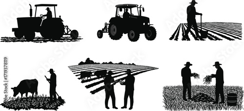 Silhouette vector illustration of farmers working in fields with tractors, planting crops, harvesting vegetables, and managing livestock in agriculture.