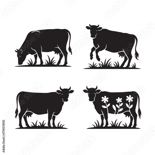 Four Silhouette Cows Grazing and Standing in Grass with One Decorated with Flowers cattle farm
