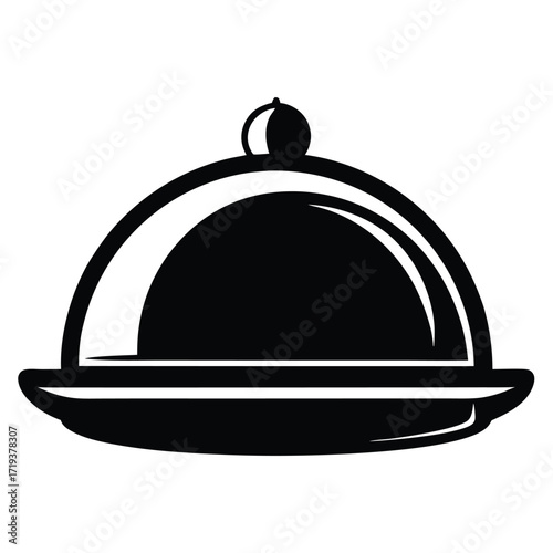 Stylized monochrome tray holds domed food cover with a top handle knob