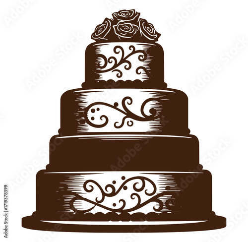 Elegant three tier wedding cake with rose decorations and decorative swirls