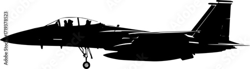 black and white silhouette of a fighter jet on a white background

