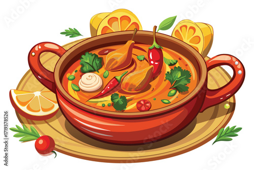Hot orange soup fills a terracotta bowl garnished with peppers and a dollop of cream