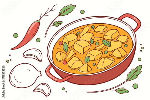 Delicious curry with tofu cubes and spices served in red pan looks appetizing