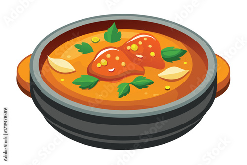 Full bowl of tasty soup with dumplings and greens is ready for serving now