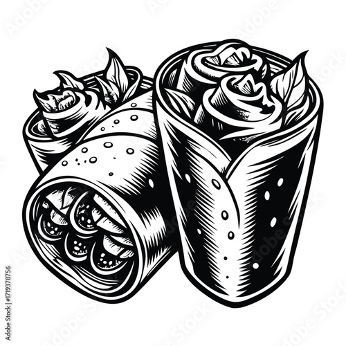 Two monochrome burritos are pictured side by side in black and white shaded artwork