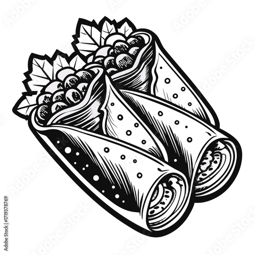 Monochrome sketch presents two stacked wraps featuring distinct fillings and accompanying leaf garnishes with bold outlines