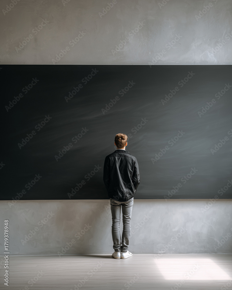 Fototapeta premium Teacher Standing Near Blackboard in Classroom Minimalist Education Concept with Blackboard