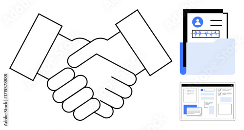 Handshake representing agreement, folder with profile documents and online form reflecting collaboration, teamwork, employment, business partnership, recruitment, decision-making, communication