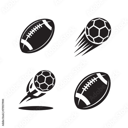 Four black and white icons of American footballs and soccer balls in motion vector illustration