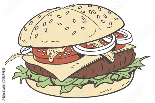 Cartoon burger illustration showcasing sesame bun, meat patty, cheese, tomato, onion, and lettuce