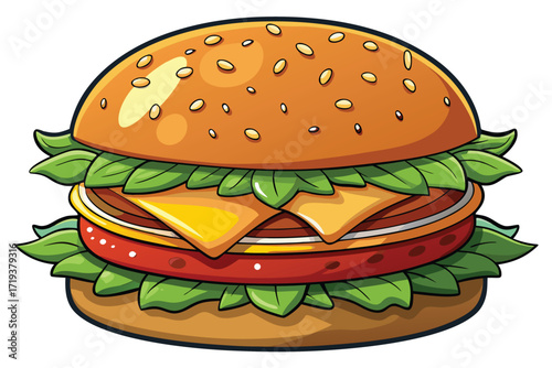 Cartoon burger with sesame seed bun, lettuce, tomato, cheese and juicy patties