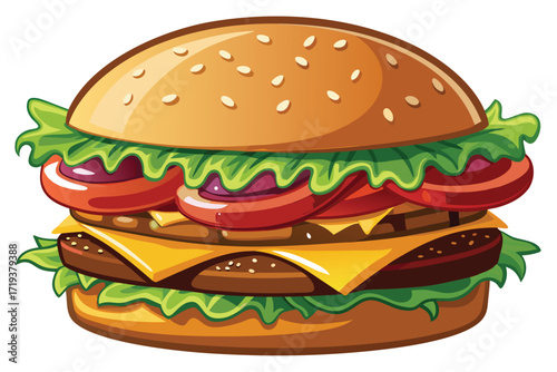 A double cheeseburger illustration displays layers of beef patties, cheese, tomato, onion and lettuce