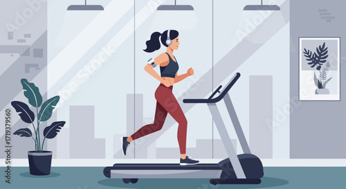 This flat design illustration captures a determined woman exercising on a treadmill with headphones in a sleek, modern gym, symbolizing health and active living
