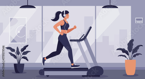 This flat design illustration captures a determined woman exercising on a treadmill with headphones in a sleek, modern gym, symbolizing health and active living