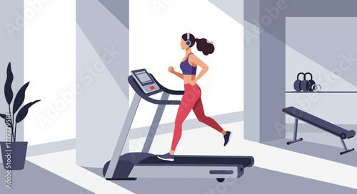 This flat design illustration captures a determined woman exercising on a treadmill with headphones in a sleek, modern gym, symbolizing health and active living