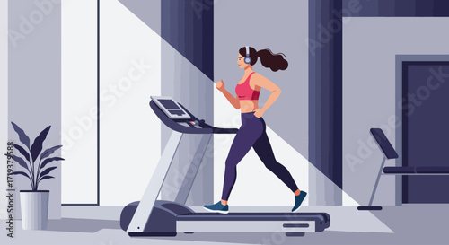This flat design illustration captures a determined woman exercising on a treadmill with headphones in a sleek, modern gym, symbolizing health and active living