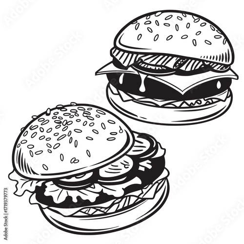 Black and white depicts two fully stacked hamburgers with sesame seed buns