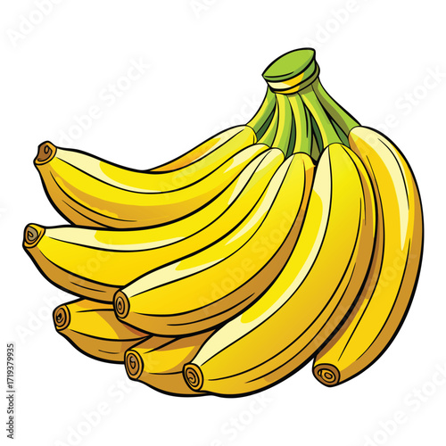 Cartoonish banana bunch features bright yellow fruit and green stems on a clean white canvas