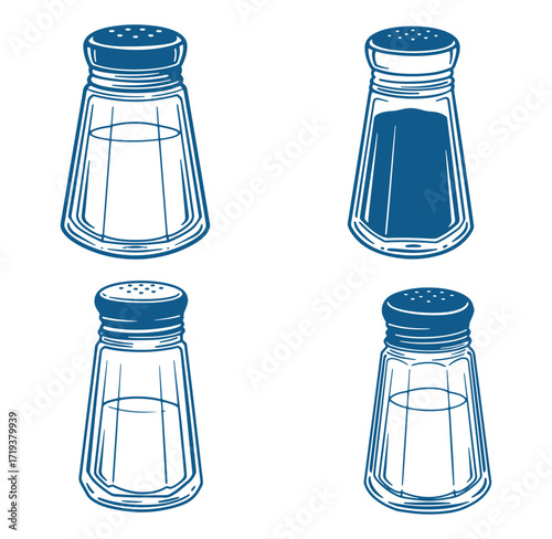 Four different salt shakers outlined in blue isolated on white background in detailed design