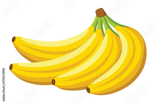 Bunch of vibrant yellow bananas with green stems are together in simple style