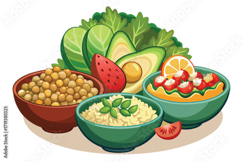 Assorted bowls hold chickpeas, grains, and tomatoes near avocados and leafy greens