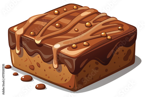 Square brownie topped with caramel glaze and decorative spheres sits isolated on white